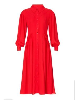 Saunders x RTR Flowing Red Georgette Ruffle Midi Shirt Dress Long Sleeve M